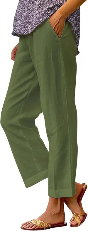 Linen Pants Women Capri Pant High Waisted Wide Leg Lounge Pant Comfy Soft Trousers Casual Resort Wear