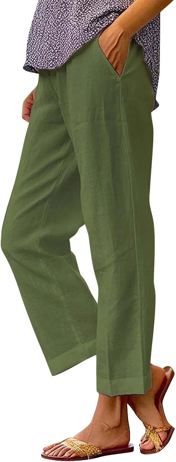 Linen Pants Women Capri Pant High Waisted Wide Leg Lounge Pant Comfy Soft Trousers Casual Resort Wear