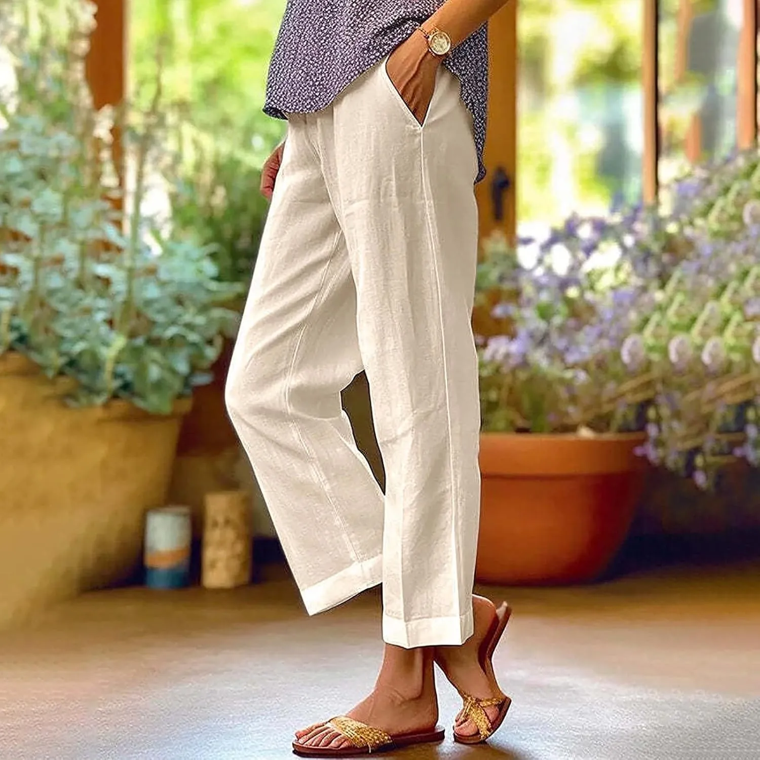Linen Pants Women Capri Pant High Waisted Wide Leg Lounge Pant Comfy Soft Trousers Casual Resort Wear