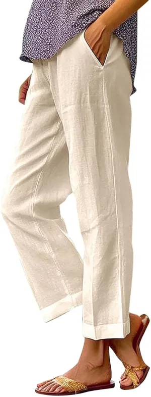 Linen Pants Women Capri Pant High Waisted Wide Leg Lounge Pant Comfy Soft Trousers Casual Resort Wear