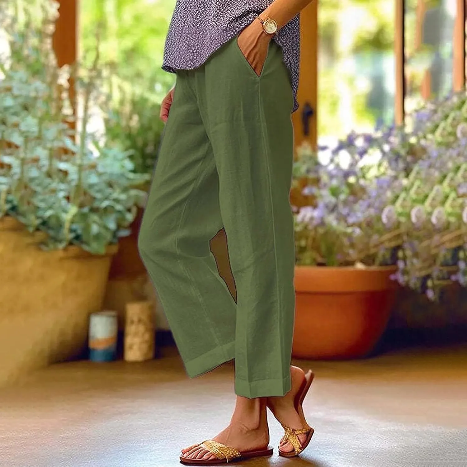Linen Pants Women Capri Pant High Waisted Wide Leg Lounge Pant Comfy Soft Trousers Casual Resort Wear
