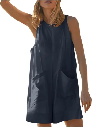Linen Rompers For Women 2025 Summer Dressy Jumpsuits Casual Shorts Overalls Sexy Sleeveless Beach Romper With Pockets
