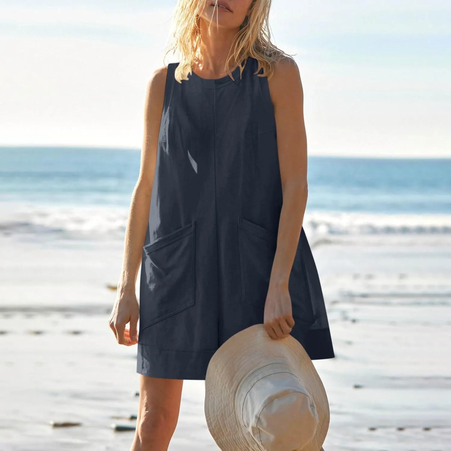 Linen Rompers For Women 2025 Summer Dressy Jumpsuits Casual Shorts Overalls Sexy Sleeveless Beach Romper With Pockets