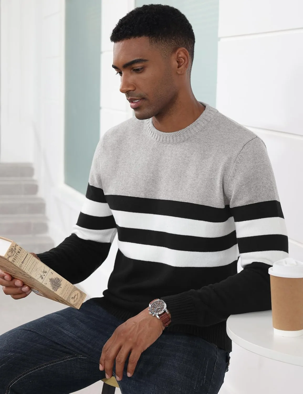 MAGCOMSEN Men's Crewneck Sweater Color Block Striped Pullover Soft Thermal Knitted Sweater Long Sleeve Casual Pullover
