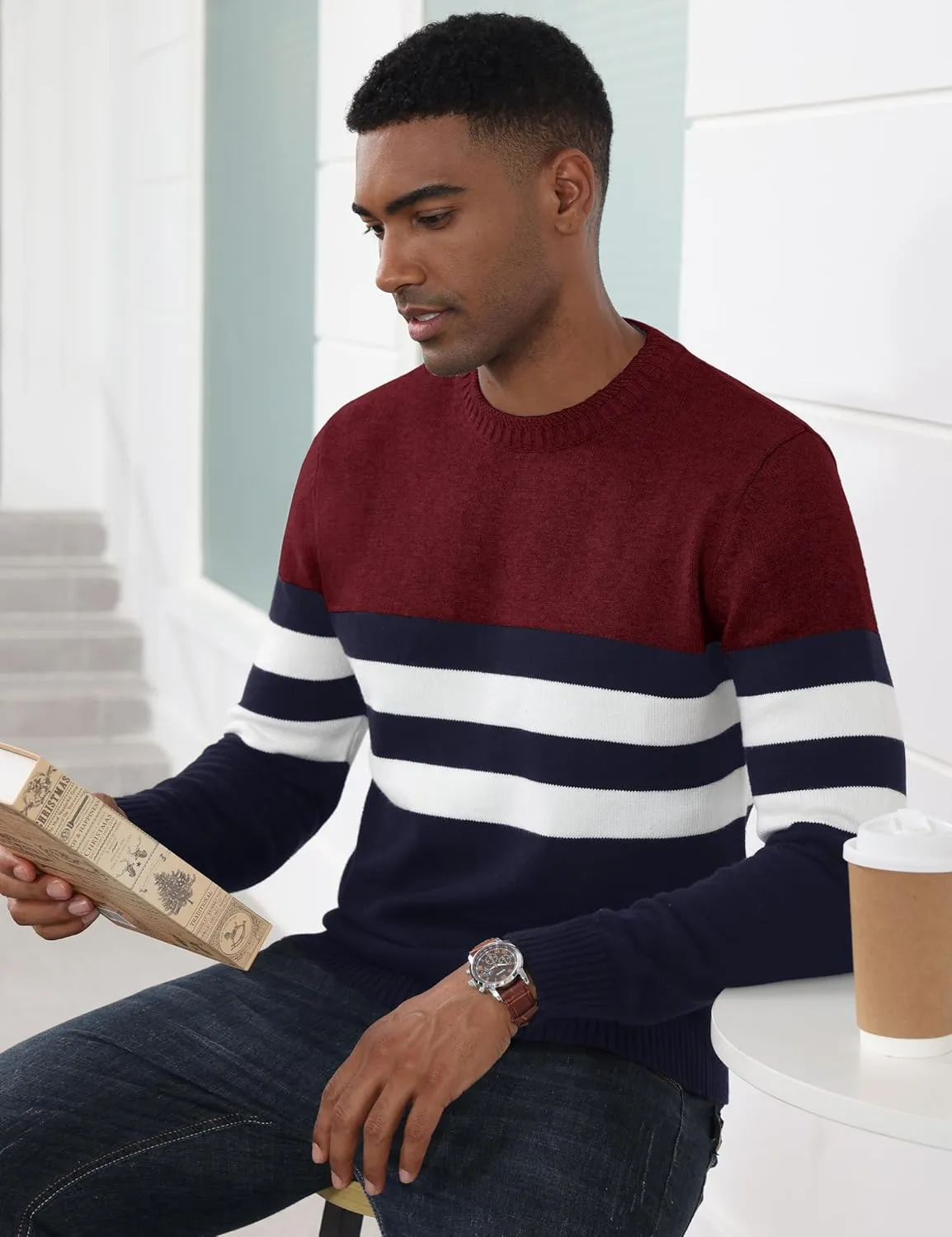 MAGCOMSEN Men's Crewneck Sweater Color Block Striped Pullover Soft Thermal Knitted Sweater Long Sleeve Casual Pullover