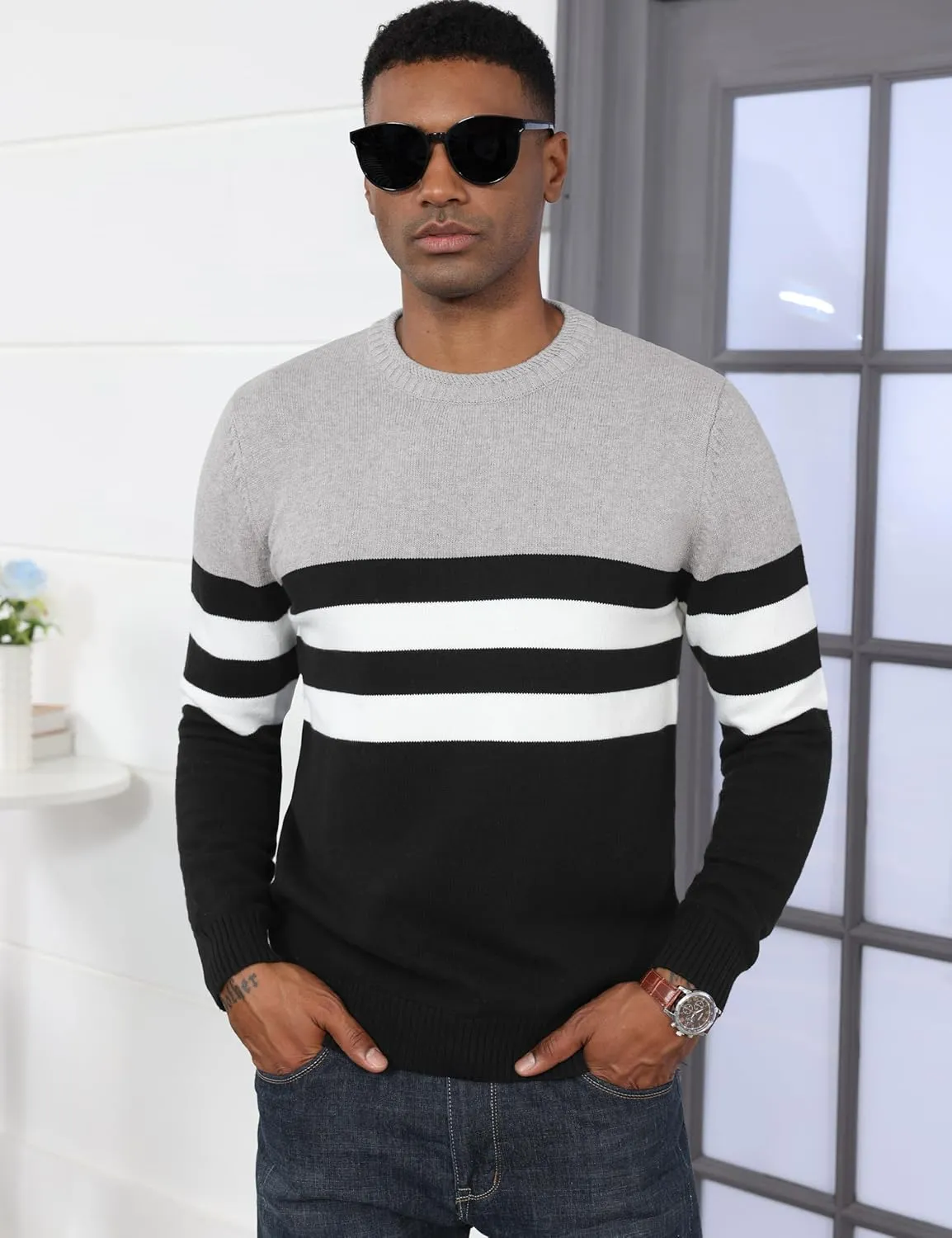 MAGCOMSEN Men's Crewneck Sweater Color Block Striped Pullover Soft Thermal Knitted Sweater Long Sleeve Casual Pullover