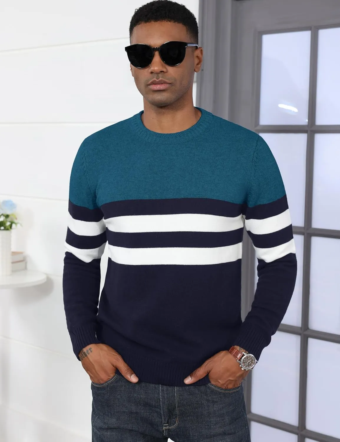 MAGCOMSEN Men's Crewneck Sweater Color Block Striped Pullover Soft Thermal Knitted Sweater Long Sleeve Casual Pullover