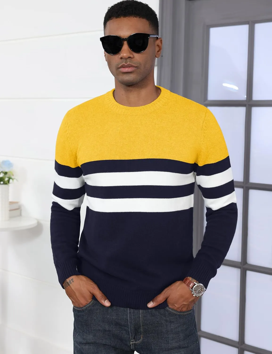 MAGCOMSEN Men's Crewneck Sweater Color Block Striped Pullover Soft Thermal Knitted Sweater Long Sleeve Casual Pullover