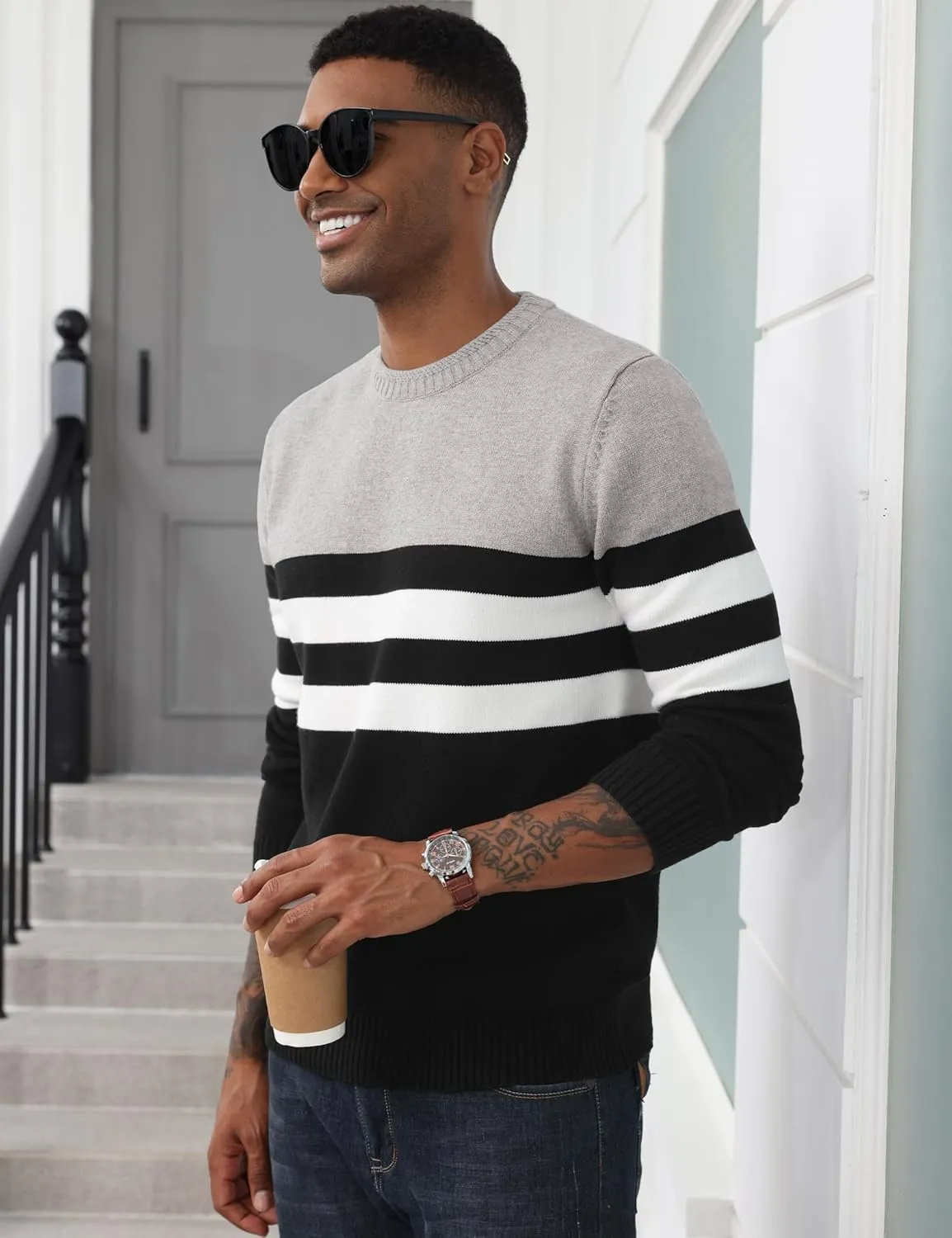 MAGCOMSEN Men's Crewneck Sweater Color Block Striped Pullover Soft Thermal Knitted Sweater Long Sleeve Casual Pullover