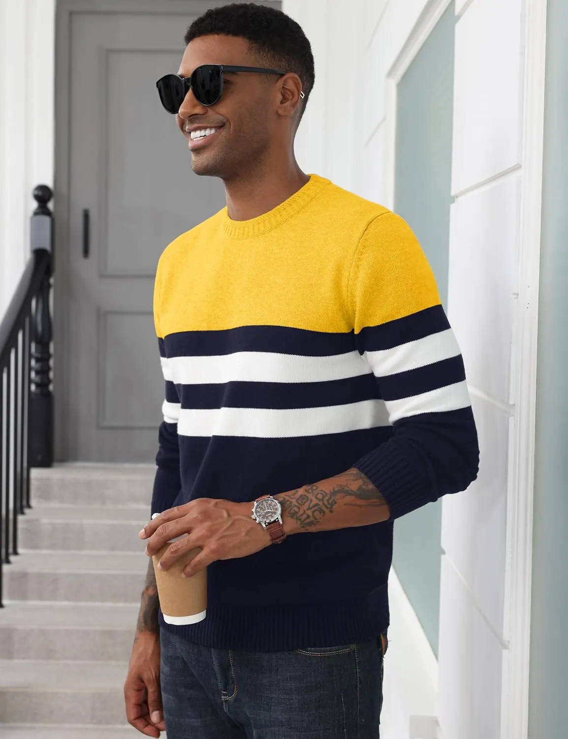 MAGCOMSEN Men's Crewneck Sweater Color Block Striped Pullover Soft Thermal Knitted Sweater Long Sleeve Casual Pullover