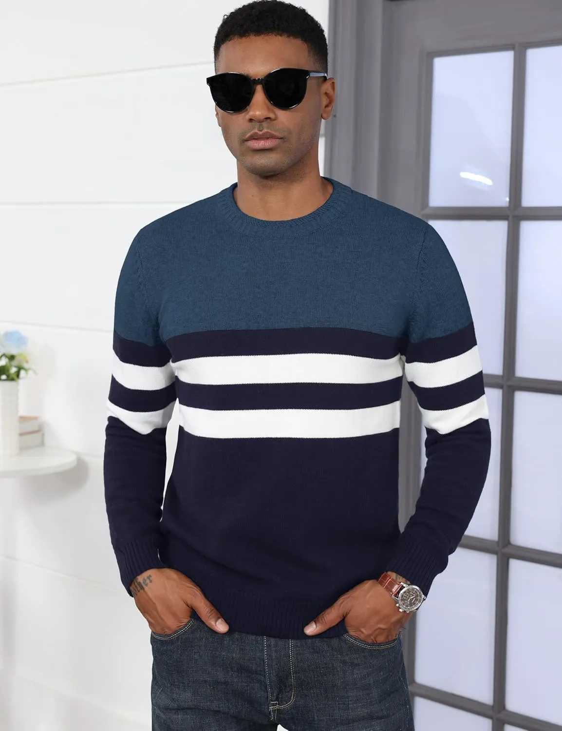 MAGCOMSEN Men's Crewneck Sweater Color Block Striped Pullover Soft Thermal Knitted Sweater Long Sleeve Casual Pullover