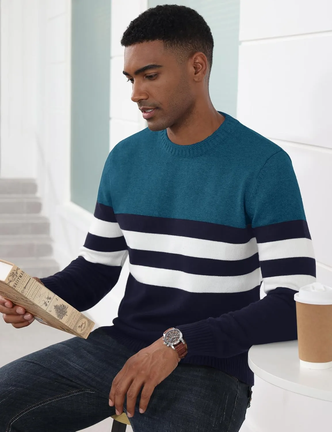 MAGCOMSEN Men's Crewneck Sweater Color Block Striped Pullover Soft Thermal Knitted Sweater Long Sleeve Casual Pullover