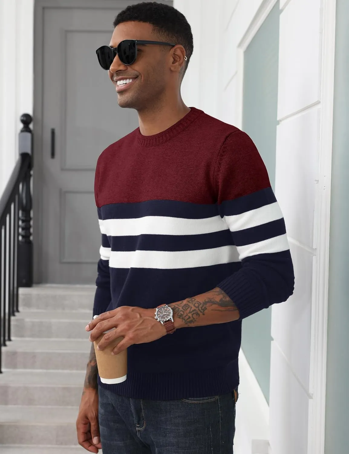 MAGCOMSEN Men's Crewneck Sweater Color Block Striped Pullover Soft Thermal Knitted Sweater Long Sleeve Casual Pullover