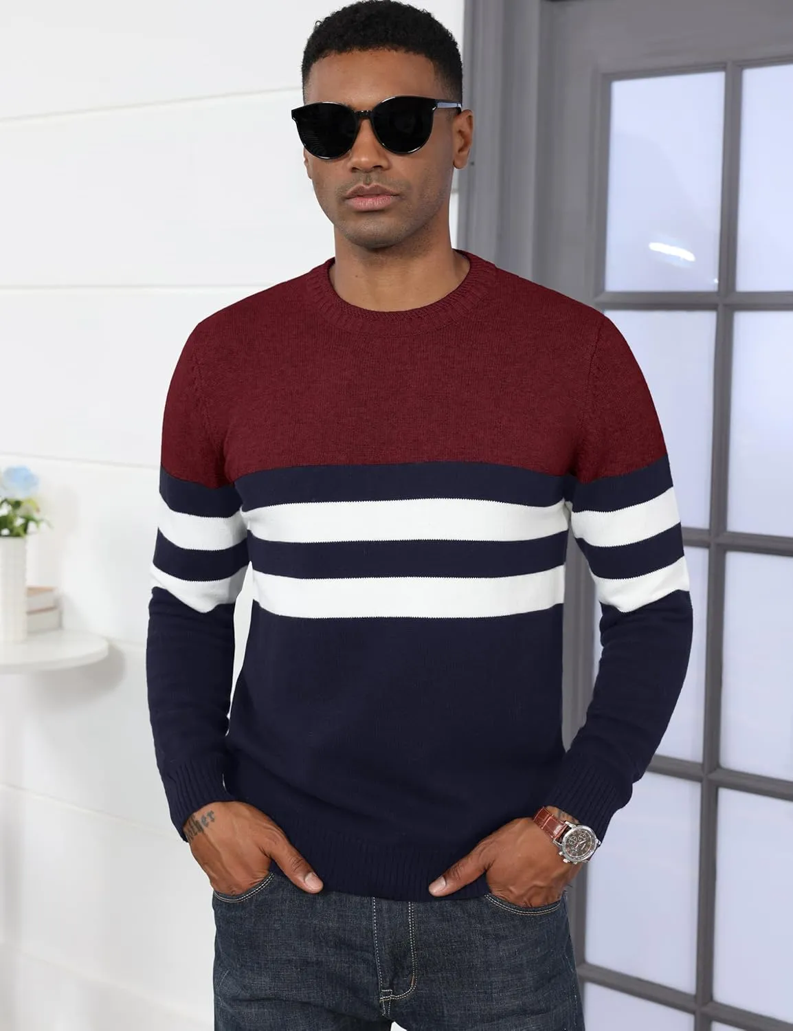 MAGCOMSEN Men's Crewneck Sweater Color Block Striped Pullover Soft Thermal Knitted Sweater Long Sleeve Casual Pullover