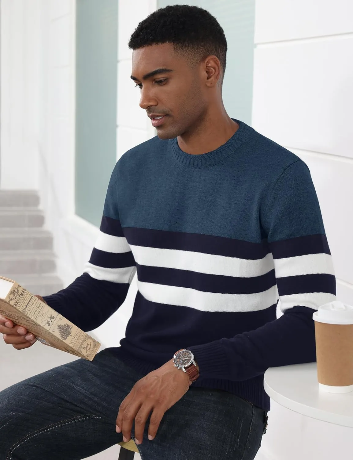 MAGCOMSEN Men's Crewneck Sweater Color Block Striped Pullover Soft Thermal Knitted Sweater Long Sleeve Casual Pullover