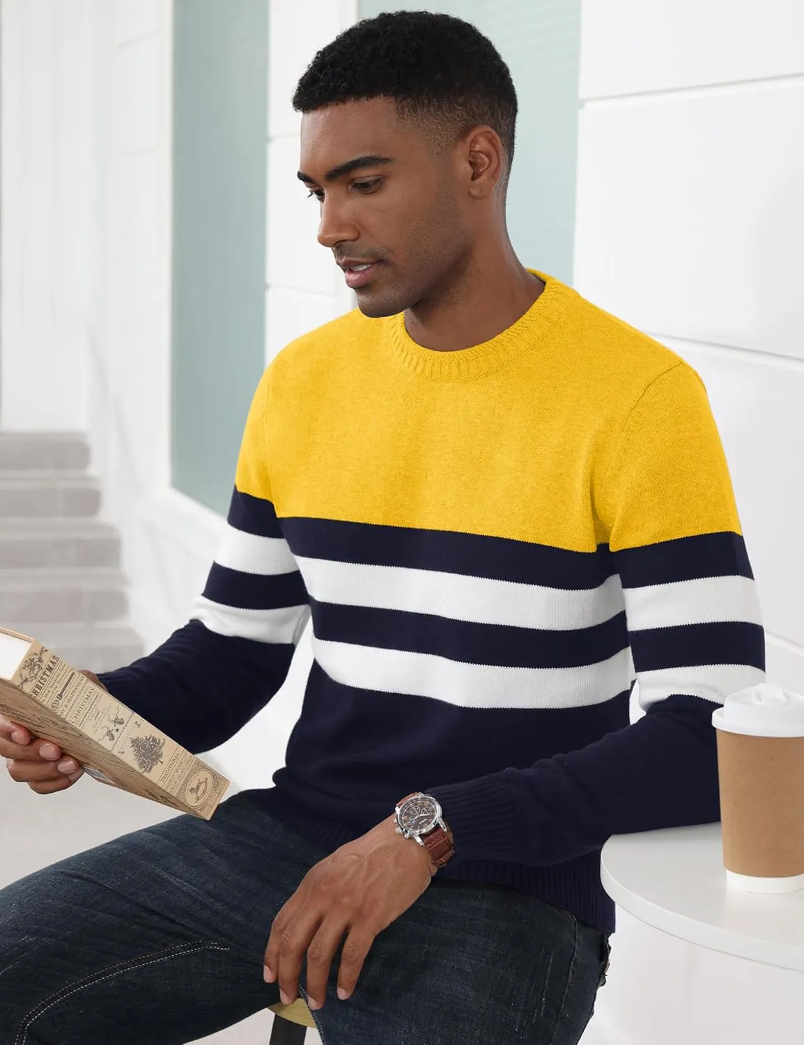 MAGCOMSEN Men's Crewneck Sweater Color Block Striped Pullover Soft Thermal Knitted Sweater Long Sleeve Casual Pullover