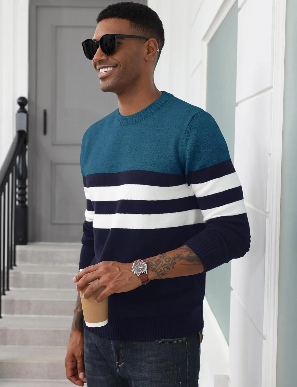 MAGCOMSEN Men's Crewneck Sweater Color Block Striped Pullover Soft Thermal Knitted Sweater Long Sleeve Casual Pullover