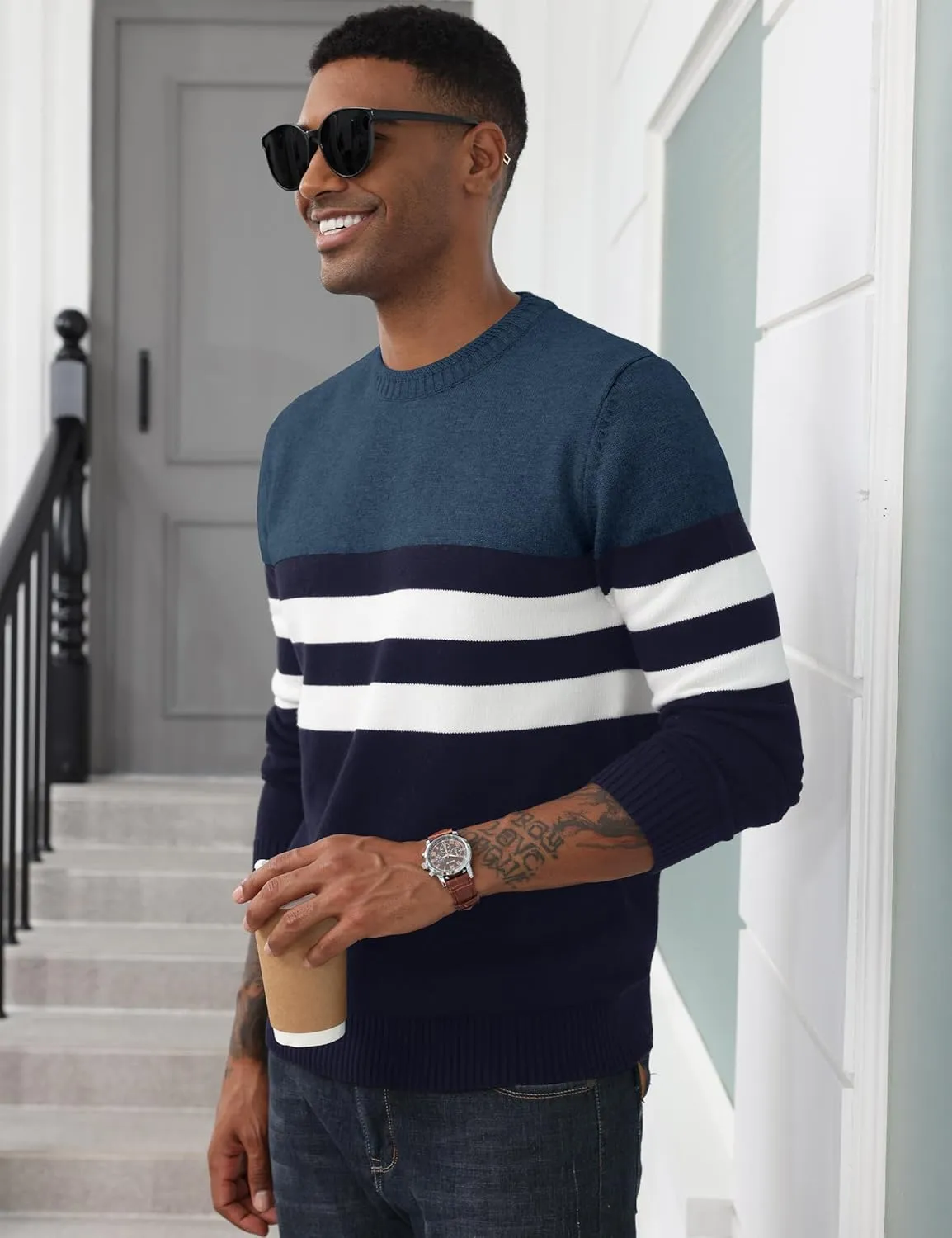 MAGCOMSEN Men's Crewneck Sweater Color Block Striped Pullover Soft Thermal Knitted Sweater Long Sleeve Casual Pullover