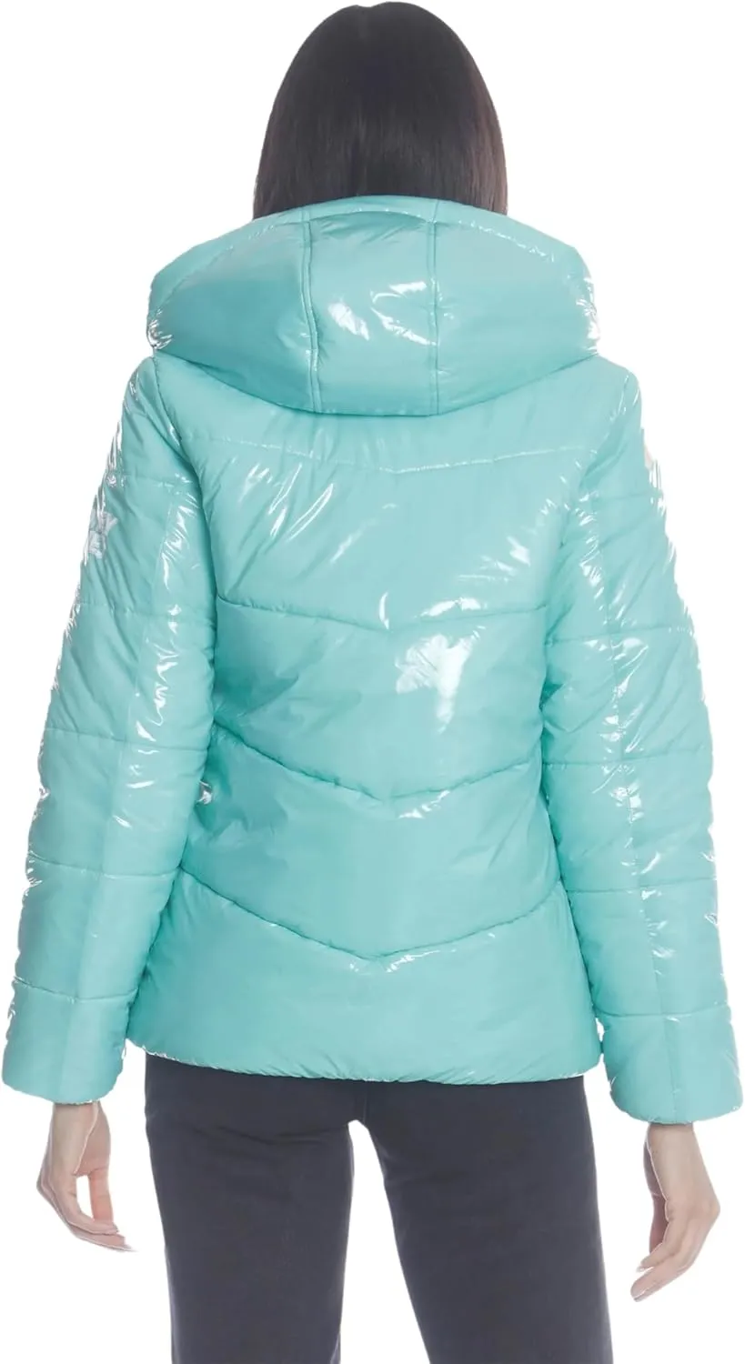 Members Only Women's Hi-Shine Chevron Quilt Puffer Jacket with Looney Tunes Mashup Print Lining