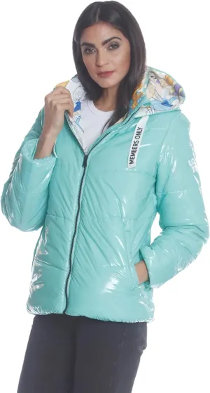 Members Only Women's Hi-Shine Chevron Quilt Puffer Jacket with Looney Tunes Mashup Print Lining