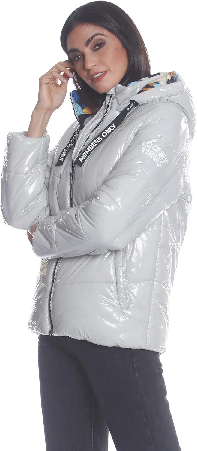 Members Only Women's Hi-Shine Chevron Quilt Puffer Jacket with Looney Tunes Mashup Print Lining