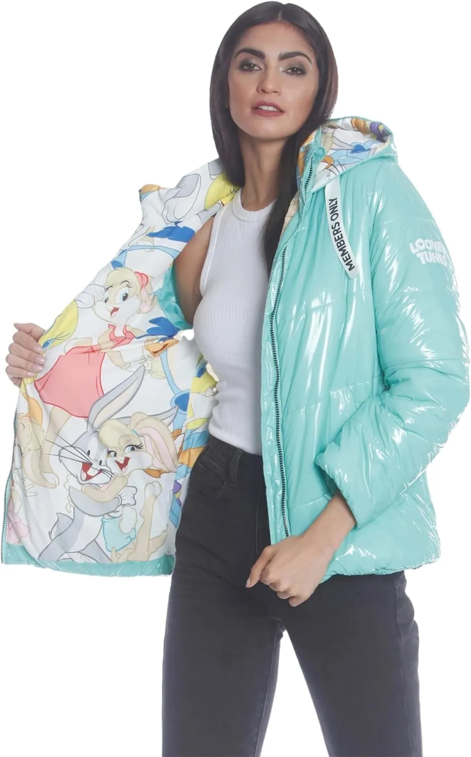 Members Only Women's Hi-Shine Chevron Quilt Puffer Jacket with Looney Tunes Mashup Print Lining