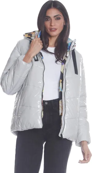 Members Only Women's Hi-Shine Chevron Quilt Puffer Jacket with Looney Tunes Mashup Print Lining