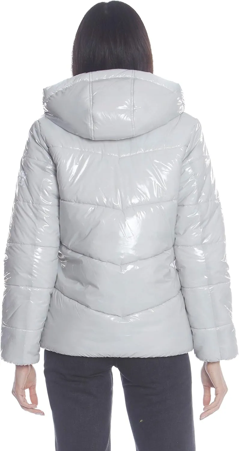 Members Only Women's Hi-Shine Chevron Quilt Puffer Jacket with Looney Tunes Mashup Print Lining