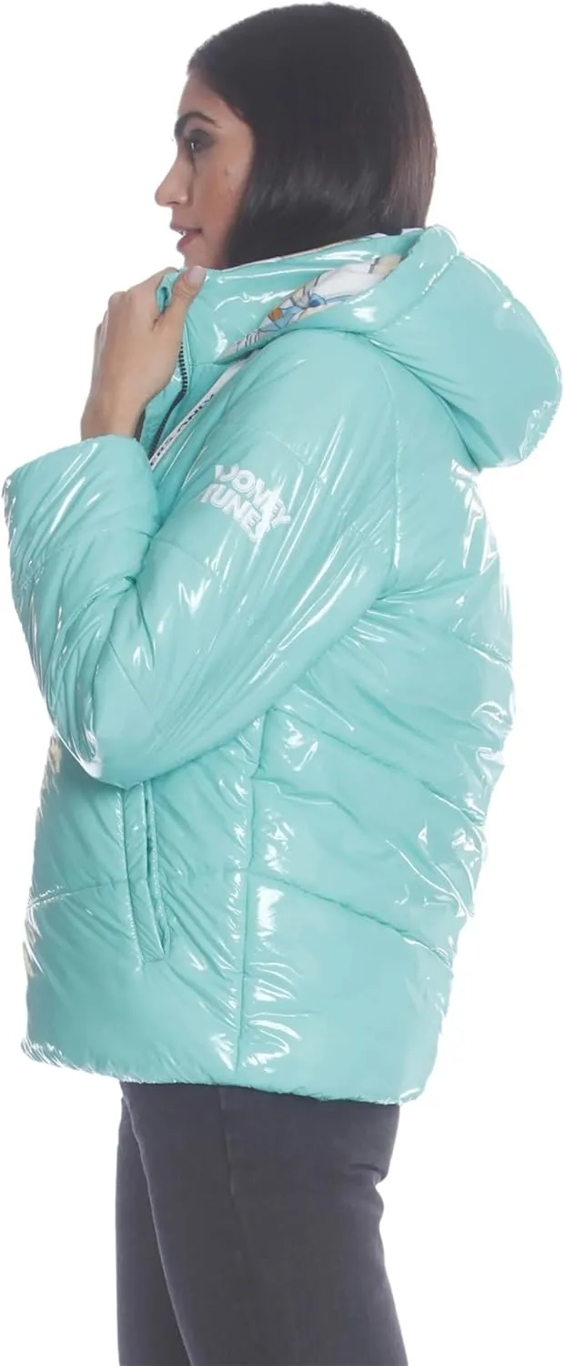 Members Only Women's Hi-Shine Chevron Quilt Puffer Jacket with Looney Tunes Mashup Print Lining