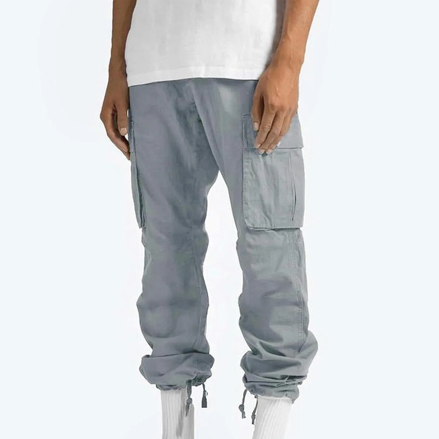 Men Cargo Sweatpants Loose Outdoor Work Pants Joggers Open Bottom Drawstring Cargo Athletic Cotton Straight Sweatpant