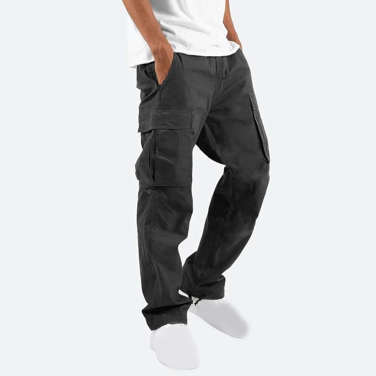Men Cargo Sweatpants Loose Outdoor Work Pants Joggers Open Bottom Drawstring Cargo Athletic Cotton Straight Sweatpant
