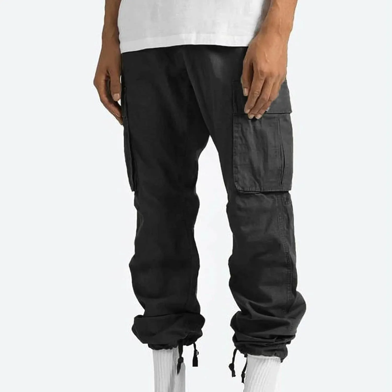 Men Cargo Sweatpants Loose Outdoor Work Pants Joggers Open Bottom Drawstring Cargo Athletic Cotton Straight Sweatpant
