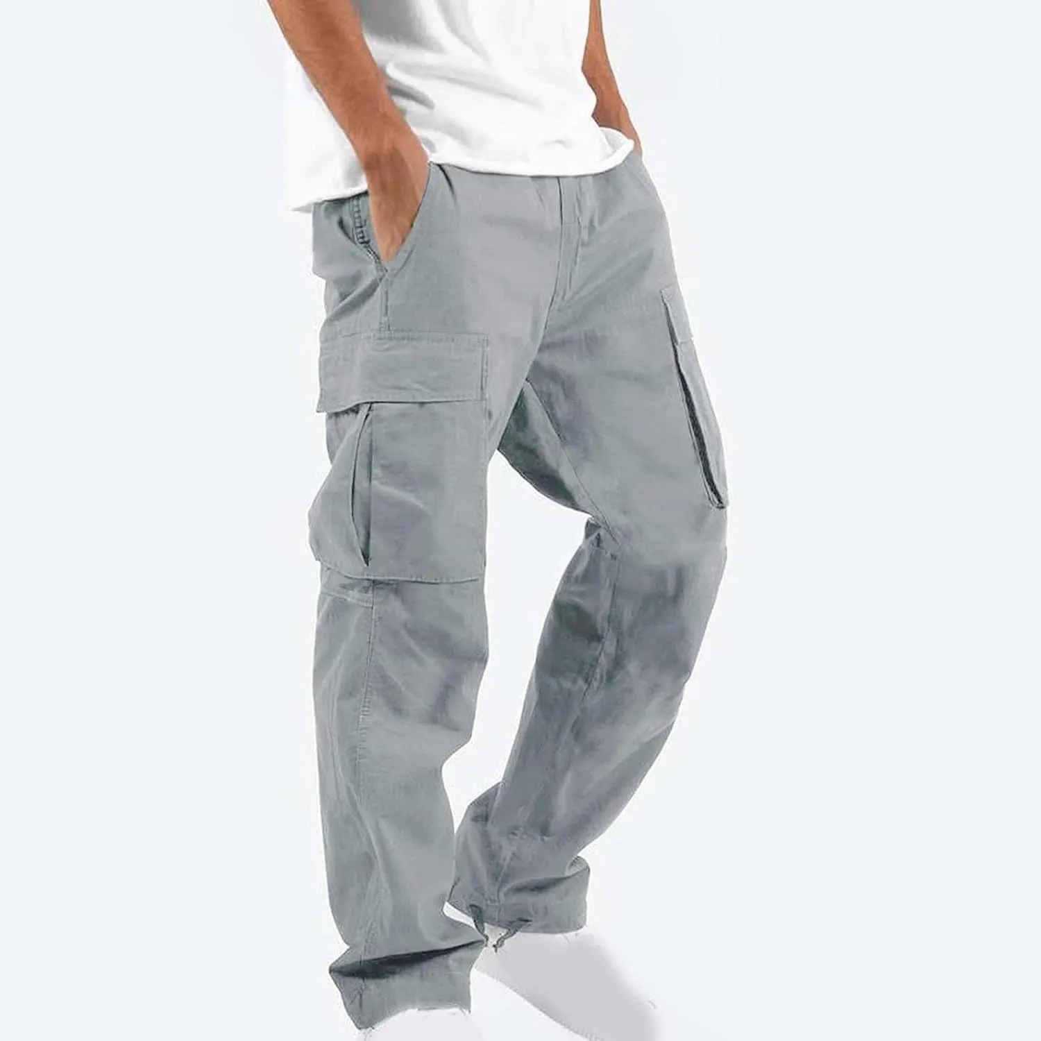 Men Cargo Sweatpants Loose Outdoor Work Pants Joggers Open Bottom Drawstring Cargo Athletic Cotton Straight Sweatpant