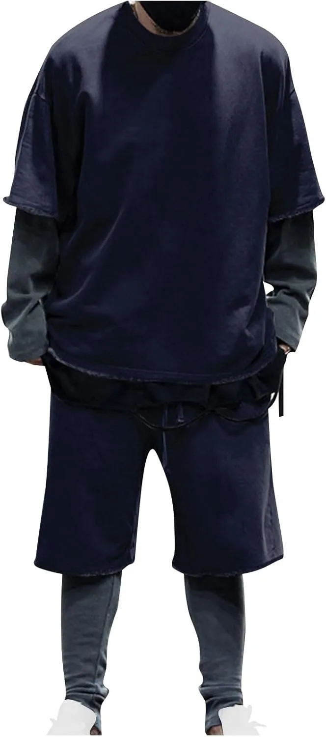 Men's 2 Piece Outfits Casual Tracksuit Cargo Shorts Summer Athletic Drop Shoulder Sleeve Sportwear Set Round-Neck Solid Suits