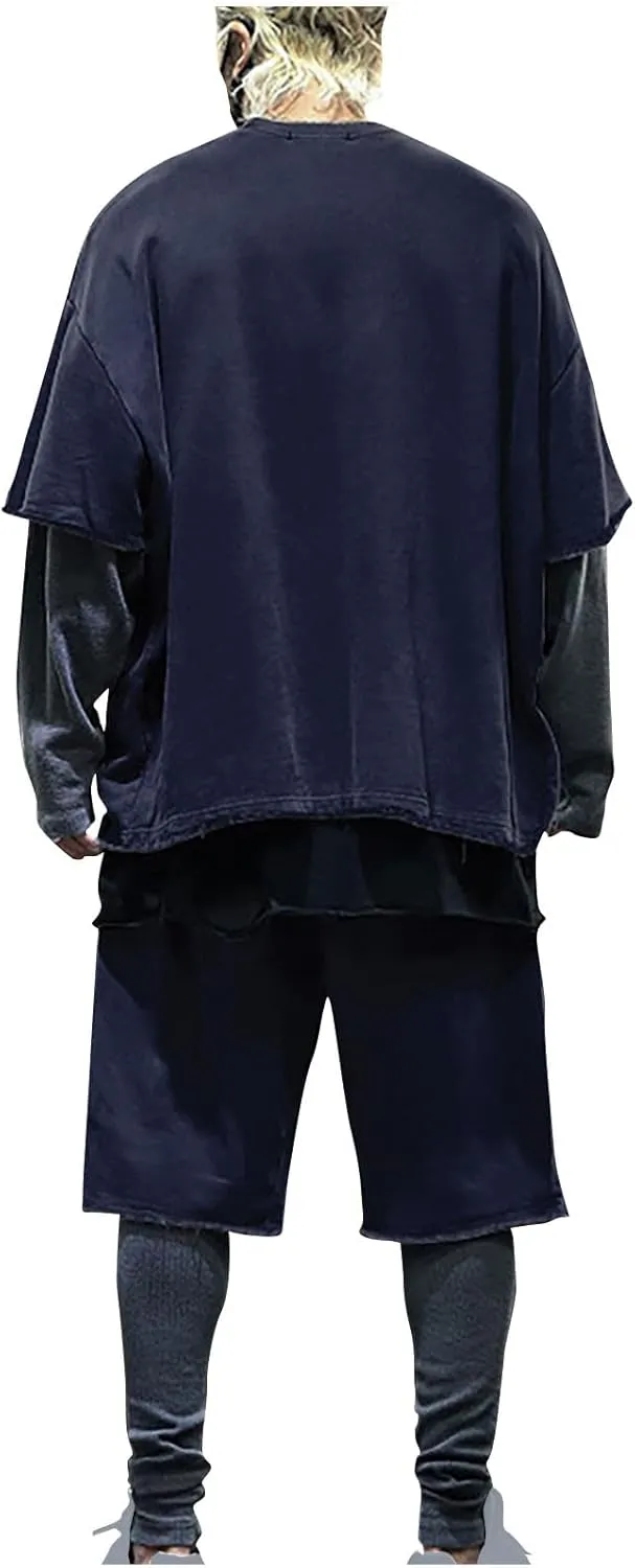 Men's 2 Piece Outfits Casual Tracksuit Cargo Shorts Summer Athletic Drop Shoulder Sleeve Sportwear Set Round-Neck Solid Suits