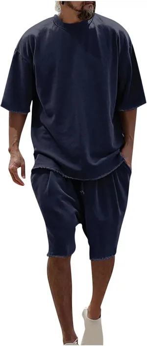 Men's 2 Piece Outfits Casual Tracksuit Cargo Shorts Summer Athletic Drop Shoulder Sleeve Sportwear Set Round-Neck Solid Suits