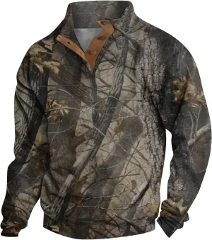 Men's Camo Sweatshirt Hunting Performance Pullover Stand Collar Buckle Camouflage Training Clothes Outdoor Sportswear