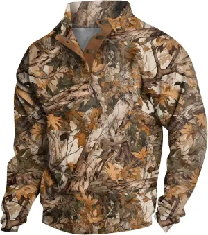 Men's Camo Sweatshirt Hunting Performance Pullover Stand Collar Buckle Camouflage Training Clothes Outdoor Sportswear