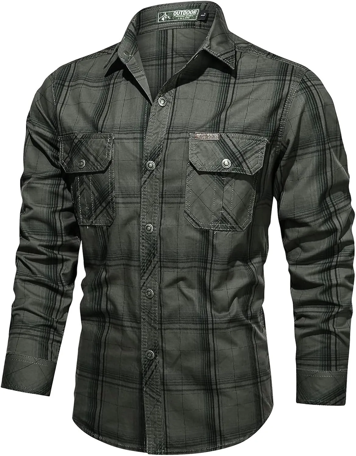 Men's Casual Cotton Military Tactical Shirt Western Snaps Button Down Work Shirts Long Sleeve Plaid Cowboy Tops Pockets
