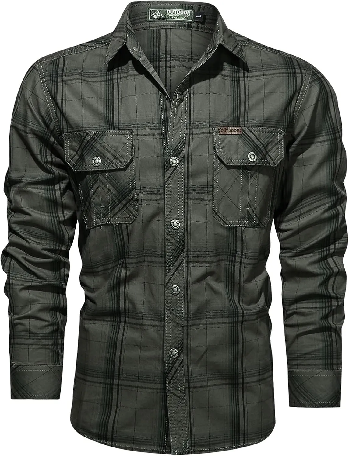Men's Casual Cotton Military Tactical Shirt Western Snaps Button Down Work Shirts Long Sleeve Plaid Cowboy Tops Pockets