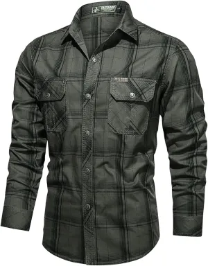 Men's Casual Cotton Military Tactical Shirt Western Snaps Button Down Work Shirts Long Sleeve Plaid Cowboy Tops Pockets