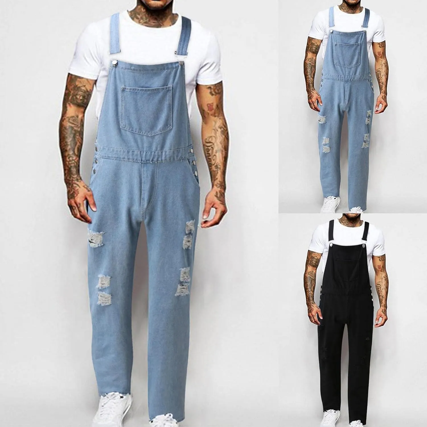 Men's Denim Bib Overalls Washed Ripped Destroyed Frayed Jean Suspender Pants Big and Tall One-Piece Dungarees Jumpsuits