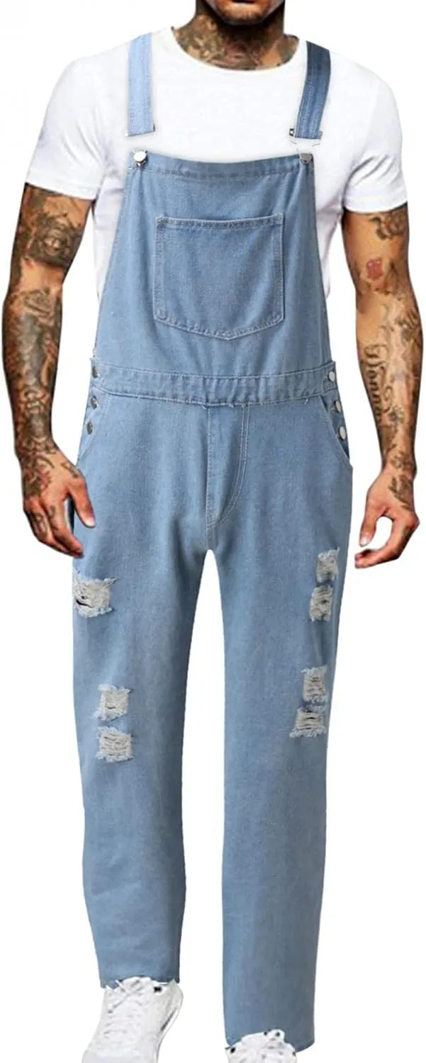 Men's Denim Bib Overalls Washed Ripped Destroyed Frayed Jean Suspender Pants Big and Tall One-Piece Dungarees Jumpsuits