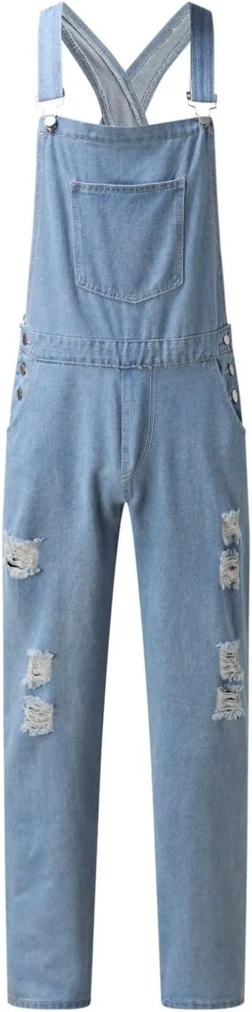Men's Denim Bib Overalls Washed Ripped Destroyed Frayed Jean Suspender Pants Big and Tall One-Piece Dungarees Jumpsuits