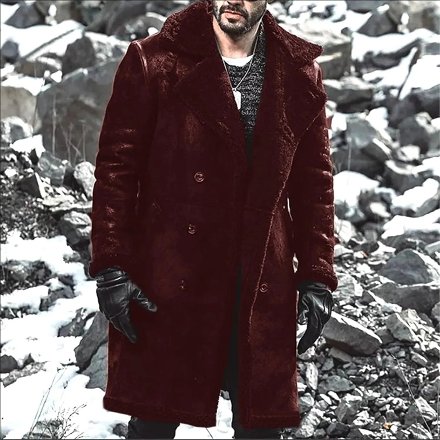 Mens Faux Suede Trench Coats Winter Sherpa Lined Notched Lapel Collar Double Breasted Pea Coats Sheepskin Overcoat