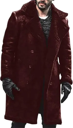 Mens Faux Suede Trench Coats Winter Sherpa Lined Notched Lapel Collar Double Breasted Pea Coats Sheepskin Overcoat