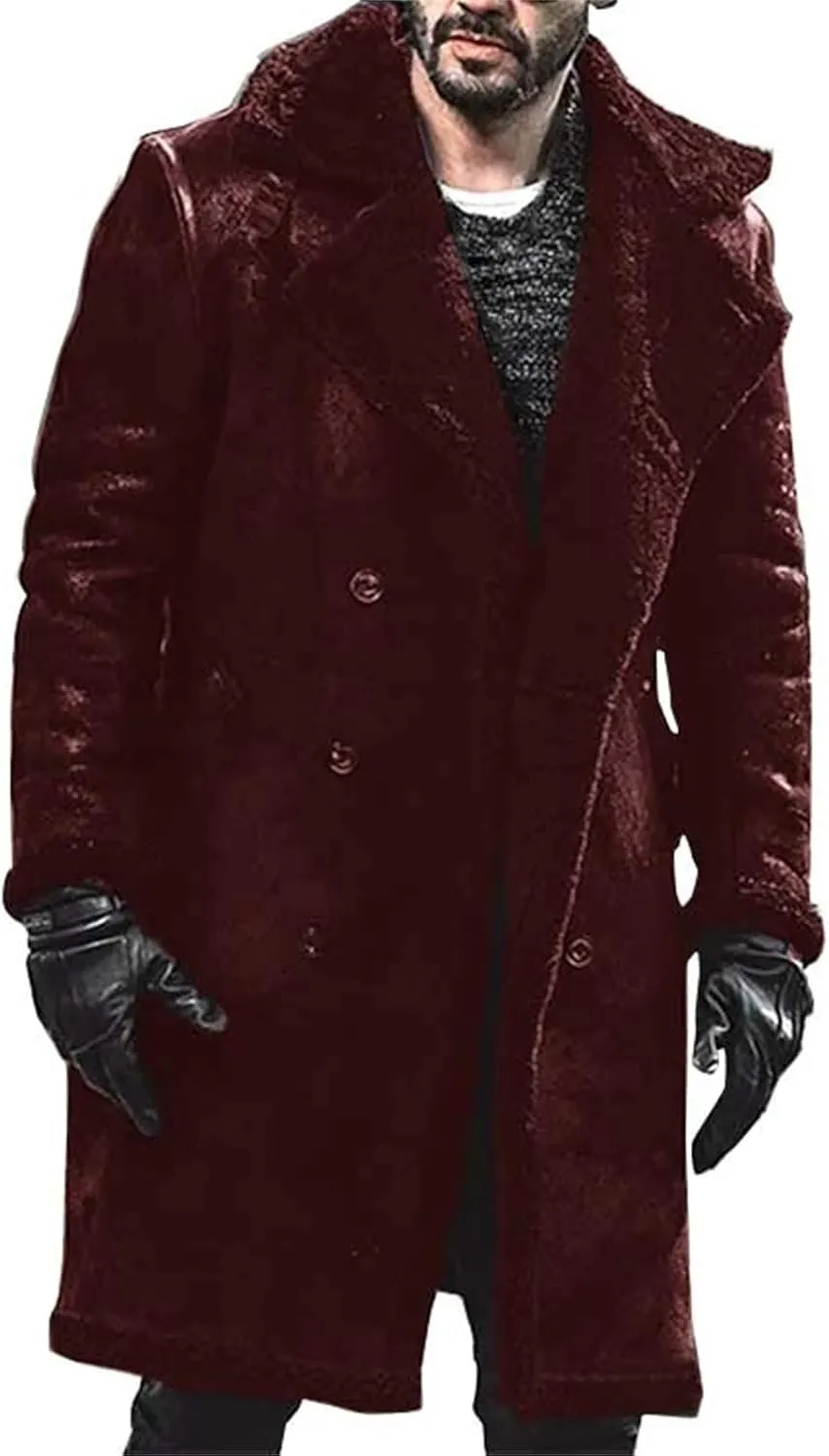 Mens Faux Suede Trench Coats Winter Sherpa Lined Notched Lapel Collar Double Breasted Pea Coats Sheepskin Overcoat