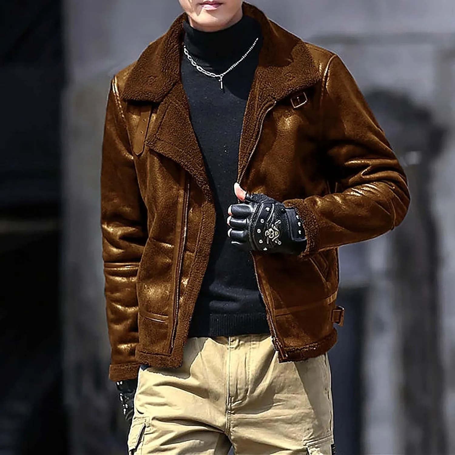 Mens Fleece Lined Jacket Faux Motorcycle Leather Jackets Winter Warm Jacket Coats Vintage Lapel Puffer Coats