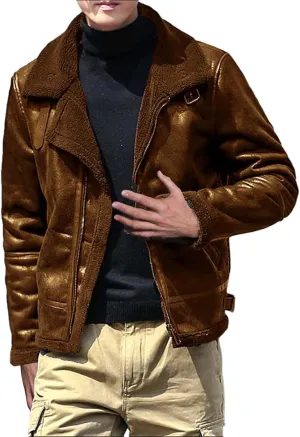 Mens Fleece Lined Jacket Faux Motorcycle Leather Jackets Winter Warm Jacket Coats Vintage Lapel Puffer Coats