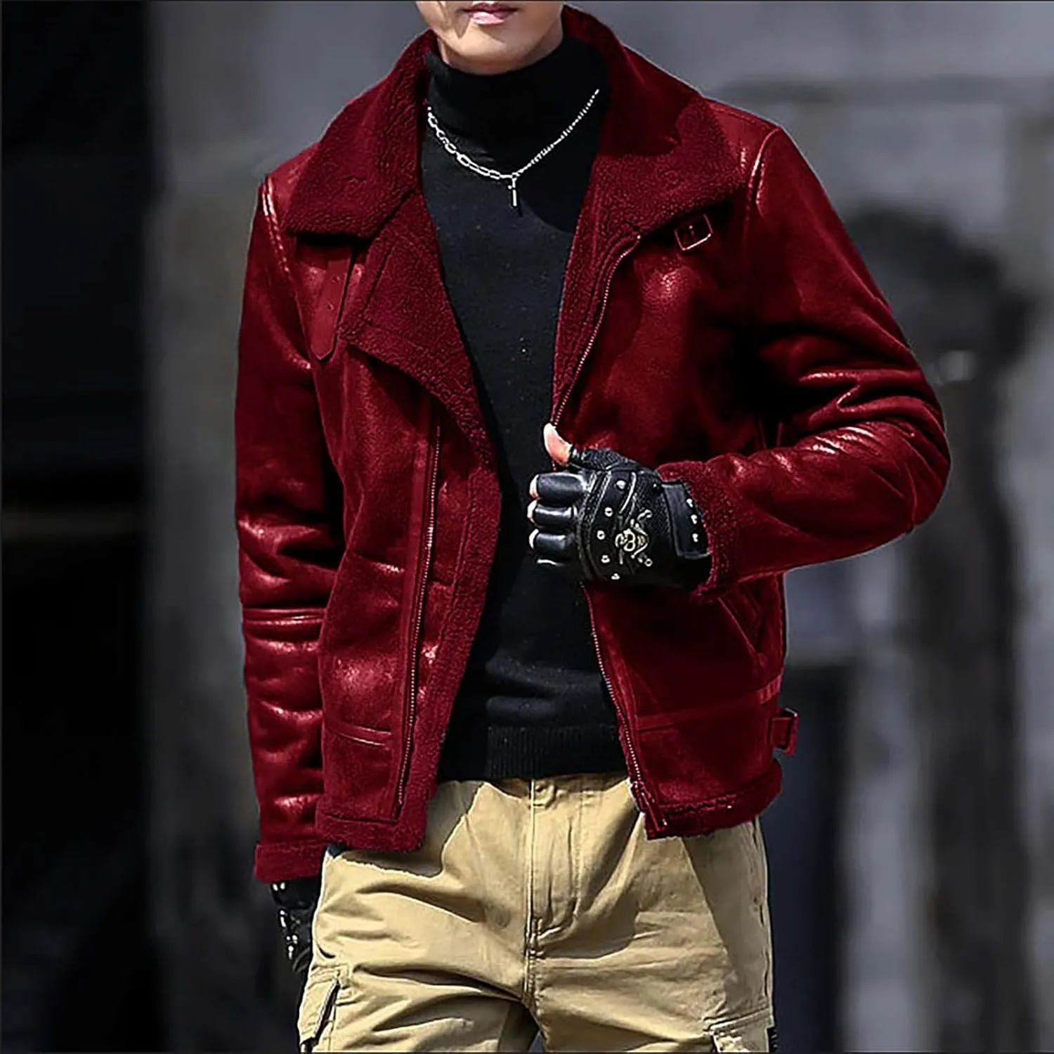Mens Fleece Lined Jacket Faux Motorcycle Leather Jackets Winter Warm Jacket Coats Vintage Lapel Puffer Coats